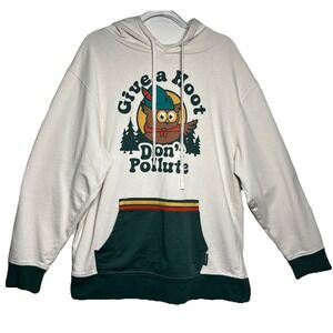 Landmark Project Unisex Hoodie Give a Hoot Don't‎ Pollute Ivory Green 2XL Retro